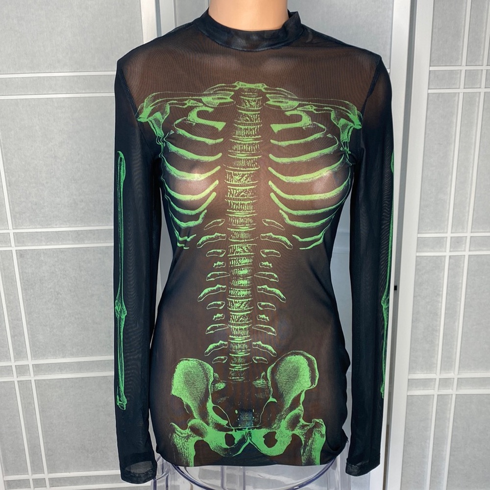BLACK NEON SKELETON PRINT LONG SLEEVE BODYCON DRESS